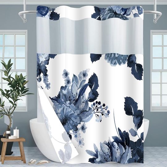 No Hook Shower Curtain with Snap in Liner Set, Blue Floral and White Modern Hotel Style
