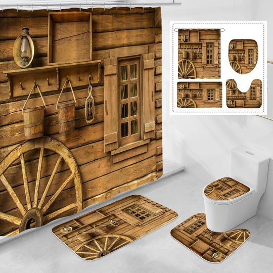 4 Pcs Rustic Wooden Farmhouse Shower Curtain Set