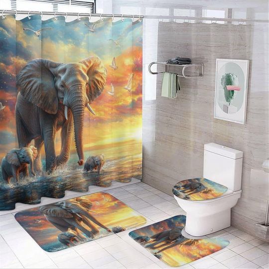 Watercolor Cute Elephant Shower Curtains with Rugs Toilet Lid Cover and Bath Mat for Bathroom