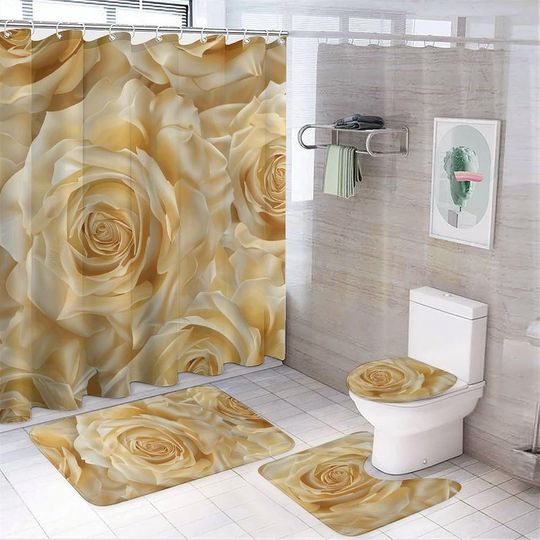 Seamless Flower Image Printed Four Piece Bathroom Set