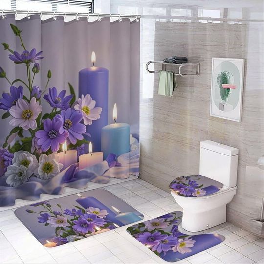 Purple Flowers and Candles Printed Four Piece Bathroom Set