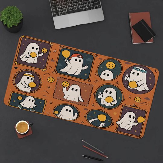 Halloween Pickleball Mouse Pad - Cute Ghost Desk Mat, Spooky Office Decor