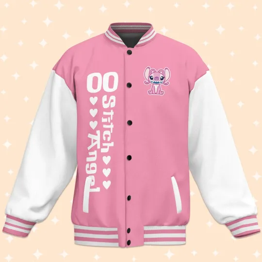 Personalized Stitch And Angel Couple Lilo Stitch Cartoon Pink Baseball Jacket