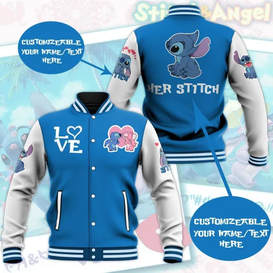 Personalized Stitch And Angel Kissing Love Lilo Stitch Couple Baseball Jacket