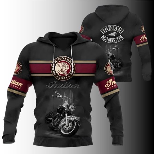 3D Vintage Motorcycle Hoodie  Black Maroon Biker Pullover