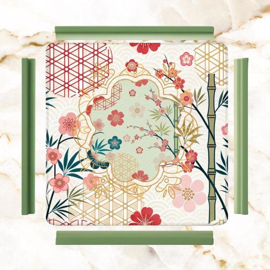 Asian Cherry Blossom and Bamboo Mahjong Mat, Floral Pink Green, Preppy Designed Mahjong Playing Mat, Perfect Gift for Mahjong Enthusiasts