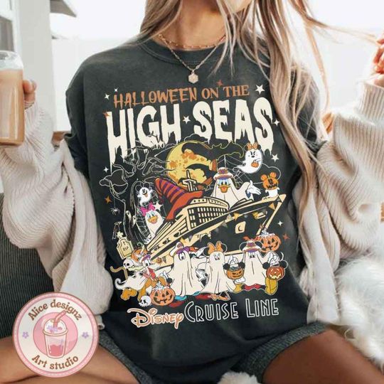 Vintage Halloween on the high seas shirt, Mickey & friends Ghost Disney Cruise shirt, Halloween family Cruise vacation shirt, Spooky season