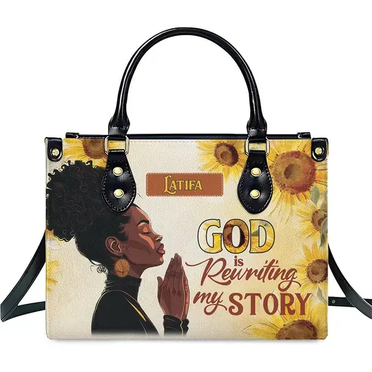 Personalized Leather Handbag For Women, God Is Rewriting My Story Jesus Motivational Bag For Black Girl, Tote Bag Gift Christian