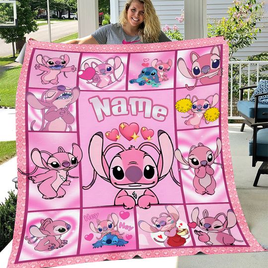 Personalized Angel Fleece Blanket, Custom Name Stitch Movie Blanket, Gift For Daughter