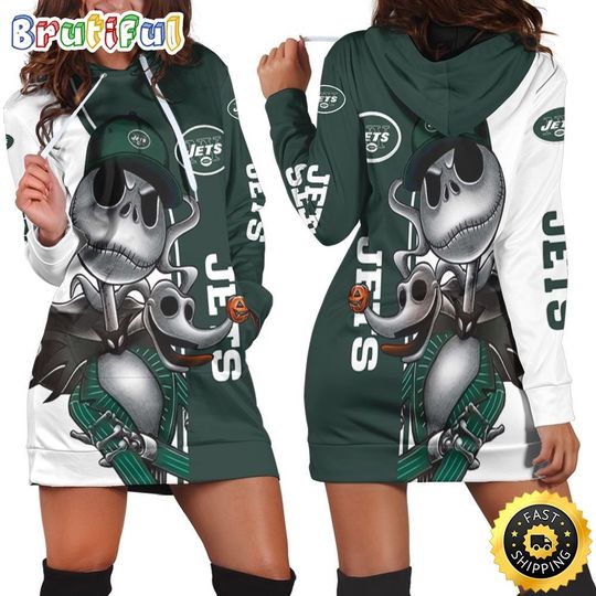 New York Jets Hoodie Dress Jack Skellington And Zero All Over Print Hoodie Women