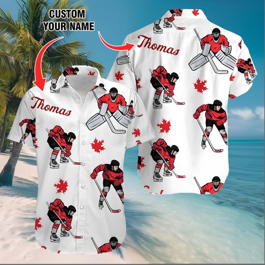 Custom Ice Hockey Hawaiian Shirt, Canada Red Team Themed Summer Button Shirt