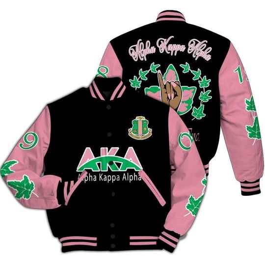 Alpha Kappa Alpha Varsity Jacket, Handsign 1908 Sorority Varsity Jacket, Stylish Pink and Green Greek Apparel, AKA Gift Idea for Women