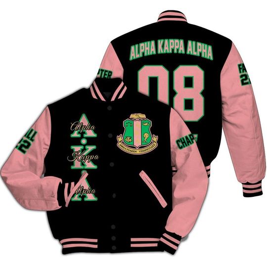 Alpha Kappa Alpha Custom Chapter Varsity Jacket, Personalized Black Mix Salmon Pink Varsity Jacket 1908 Sorority, Custom Chapter Apparel