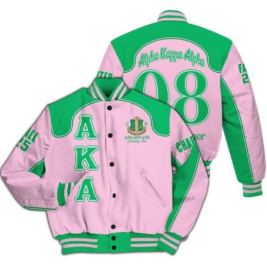 Alpha Kappa Alpha Custom Chapter Varsity Jacket, Salmon Pink And Apple Green Racing Style 1908 Sorority Jacket, Alpha Kappa Alpha Sorority