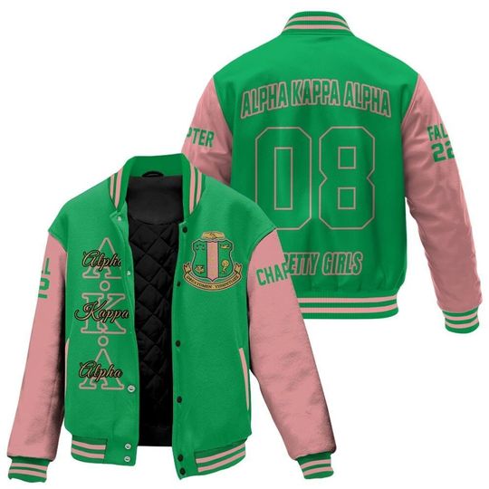 Alpha Kappa Alpha Custom Chapter Printed Jacket, Personalized Apple Green Mix Salmon Pink 1908 Sorority Jacket, Greek Life Gift Ideas