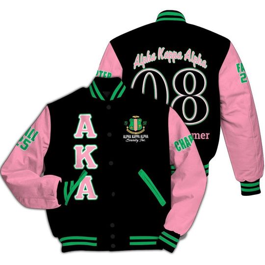 Alpha Kappa Alpha Custom Chapter Varsity Jacket, Personalized Pink And Apple Green Duo 1908 Sorority Jacket, Alpha Kappa Alpha Sorority Gift