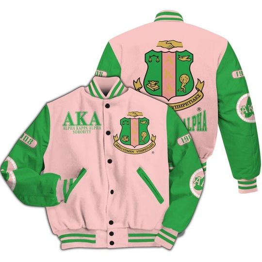 Alpha Kappa Alpha Varsity Jacket, Alpha Kappa Alpha Salmon Pink And Apple Green Mix 1908 Sorority Varsity Jacket, D9 Sorority Apparel Gift