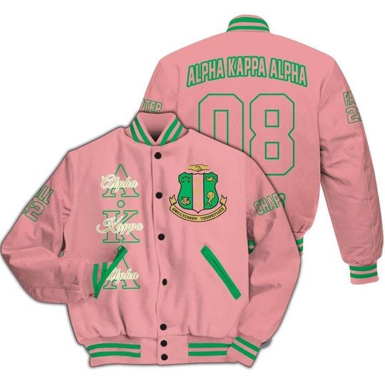 Alpha Kappa Alpha Custom Chapter Varsity Jacket, Personalized Salmon Pink 1908 Sorority Jacket, Alpha Kappa Alpha Greek Jacket for Women