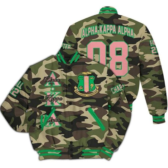 Alpha Kappa Alpha Custom Chapter Varsity Jacket, Personalized Camo Style Varsity Jacket 1908 Sorority Jacket, Alpha Kappa Alpha Greek Gift