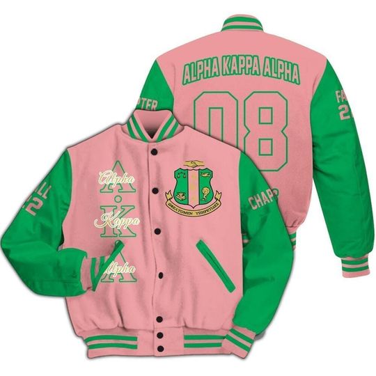 Alpha Kappa Alpha Custom Chapter Varsity Jacket, Personalized Salmon Pink Mix Apple Green 1908 Sorority Jacket, Greek Apparel Gift for Her