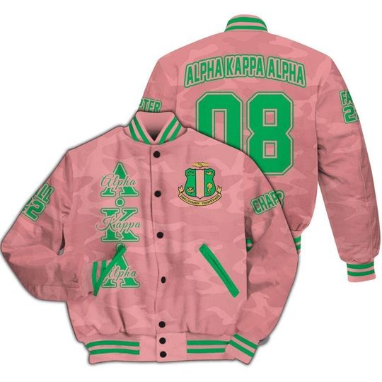 Alpha Kappa Alpha Custom Chapter Varsity Jacket, Personalized Camo Style Salmon Pink 1908 Sorority Jacket, Greek Life Divine 9 Gift for Her