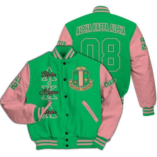 Alpha Kappa Alpha Custom Chapter Varsity Jacket, Personalized Apple Green Mix Salmon Pink 1908 Sorority Jacket, Greek Clothing Gift for Her