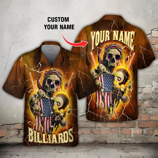 Custom Billiards Skull Hawaiian Shirt, Personalized Name Pool Player Shirt