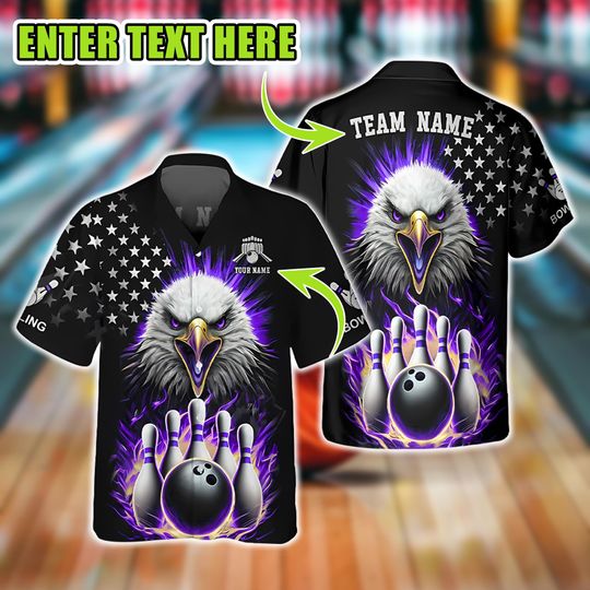Eagle USA Flag and Flaming Bowling Room Design with Personalized Name and Team Name