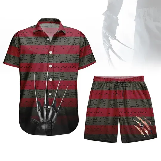 Freddy Krueger Hawaiian Shirt and Shorts, Stripe Horror Costume Button Shirt, Claw Hand Halloween Shirt, Gift For Him