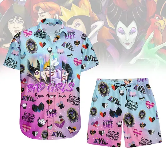 Bad Girls Villains Hawaiian Shirt and Shorts, Disney Evil Queen Maleficent Ursula Outfit, Wicked Halloween Costume Button Shirt