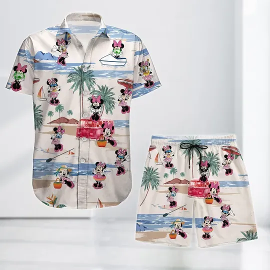 Minnie Mouse Hawaiian Shirt and Shorts, Summer Beach Outfit, Cute Disney Vacation Button Shirt, Disney Minnie Beach Button Shirt