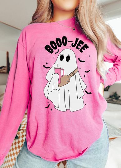 Custom Halloween Ghost Long Sleeve Shirt, Boo Jee Spooky Fall Coffee Cup Crewneck, Halloween 2025 long sleeves shirt