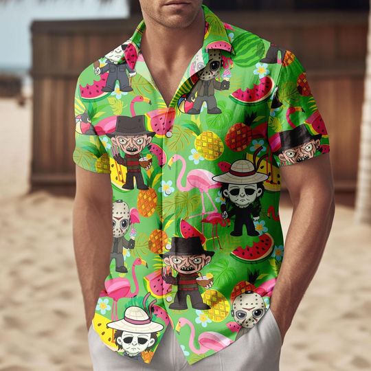 Horror Tropical Halloween Hawaiian Shirt, Freddy Jason Hawaiian Shirt, Funny Horror Button Shirt, Vacation Outfit, Halloween Party Gift