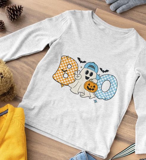 Toddler Halloween Long Sleeve T-Shirt with Ghost and Pumpkin Print, Kids Holiday Spooky Season Top