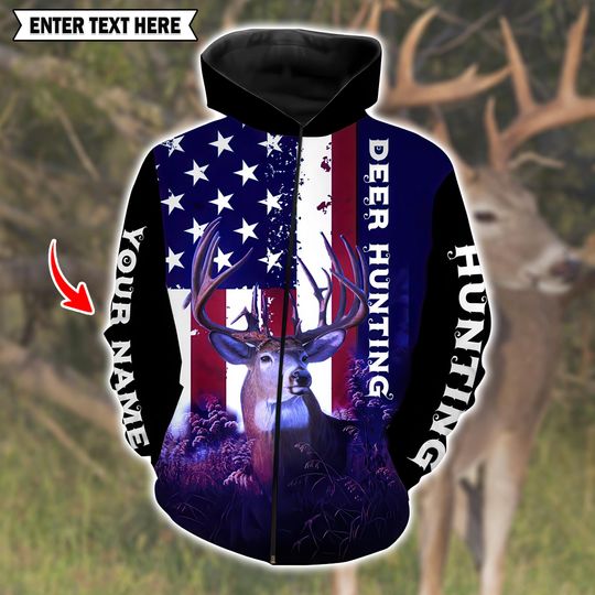 Custom Deer Hunting Shirt  3D All Over Print with American Flag Camo and Personalized Name
