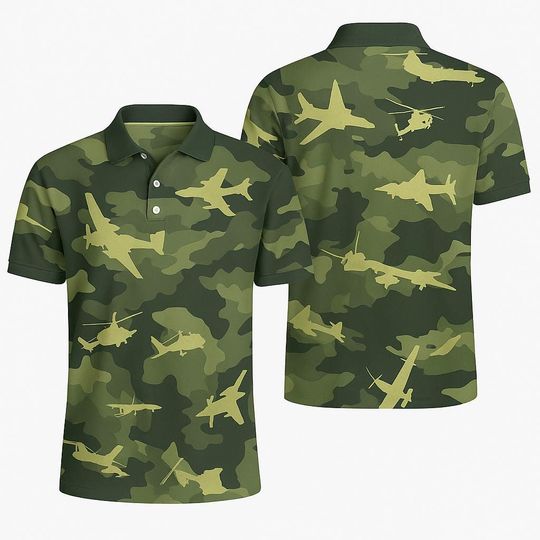 Military Aircraft Camo Polo Shirt  Green Camouflage Aviation Pattern  Tactical Style Casual Tee