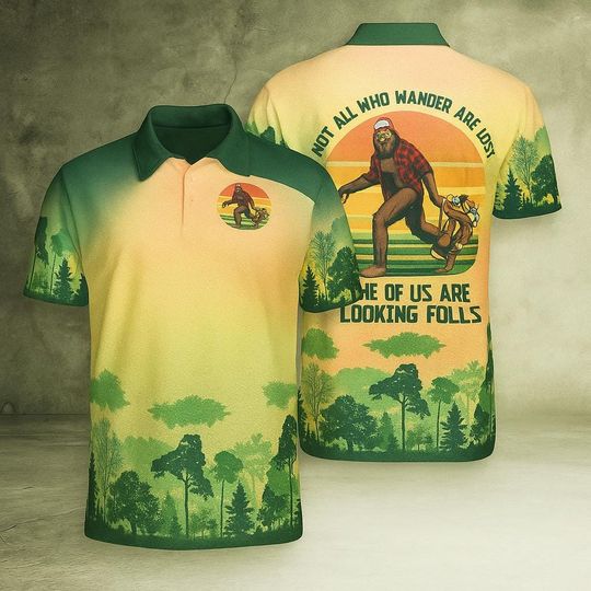 Bigfoot Forest Polo Shirt  Funny Sasquatch Sunset Tee for Hikers & Nature Lovers