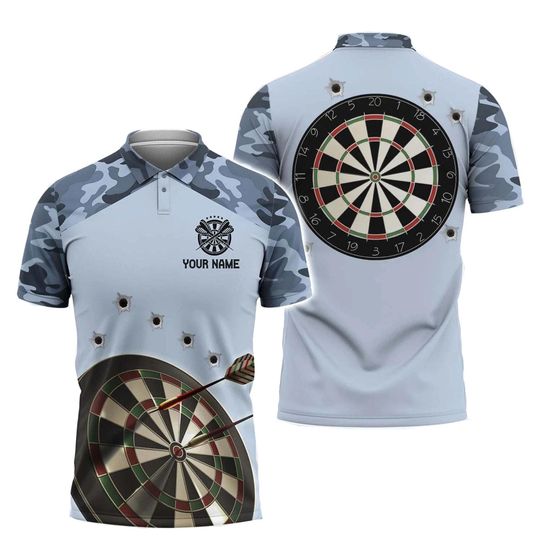 Custom Darts Polo Shirt  Personalized Dartboard Sports Tee with Camo & Bullet Hole Design