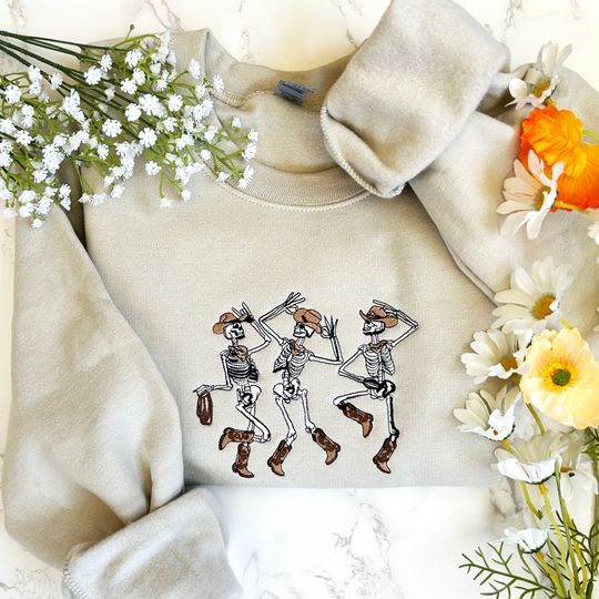Halloween Embroidered Sweatshirt, Western Skeleton Sweatshirt, Cowboy Skeleton Sweatshirt, Spooky Season Embroidered Shirt