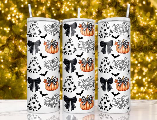 Cute Ghost, Pumpkin, Spiderweb, Bow Tumbler Wrap, Halloween 20oz Skinny