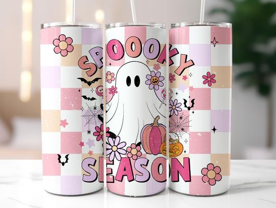 Retro Pink Floral Ghost Tumbler, Pastel HalloweenTumble , Checkered Cute Ghost Tumbler