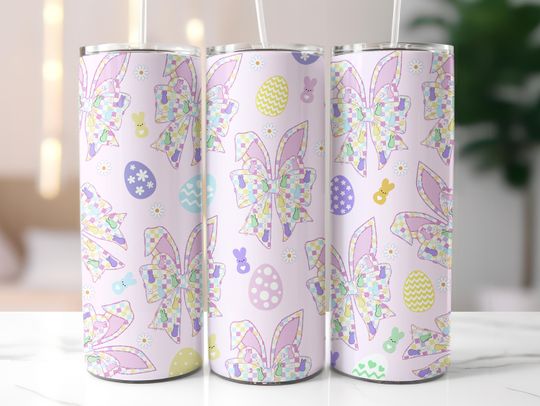 Pink Easter Bunny Coquette 20oz Skinny Tumbler Wrap, Retro Checkered Easter Tumbler Wrap
