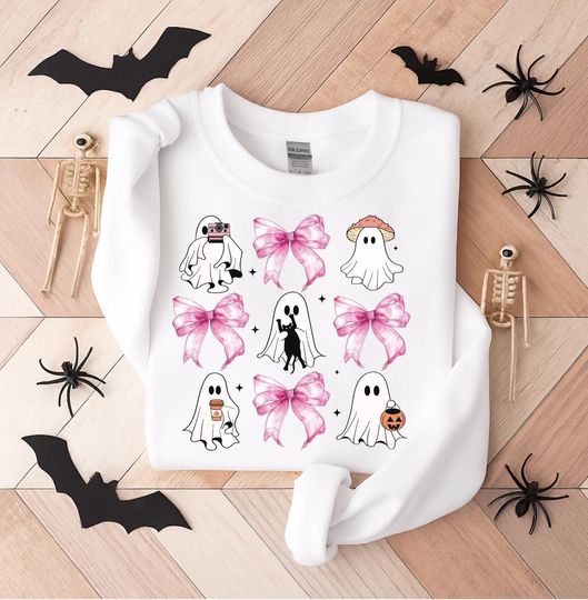 Coquette Ghosts Halloween Sweatshirt, Coquette Bow Halloween Hoodie, Halloween Party Gift, Bla Cat Ghosts Sweatshirt