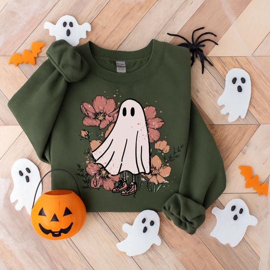 Floral Ghost Sweatshirt, Retro Halloween Boo Sweatshirt, Halloween Ghost Sweatshirt, Cute Ghost Lovers, Flower Halloween Sweatshirt