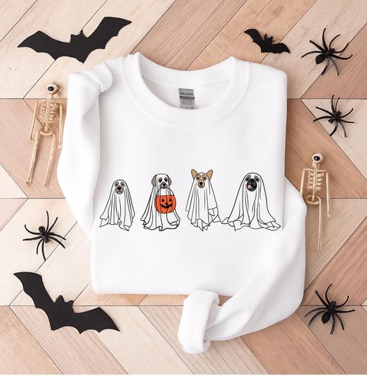 Cute Ghost Dogs Halloween Sweatshirt, Dog Lovers Halloween Gift, Dogs Pumpkin Sweatshirt, Spooky Season Dog Sweatshirt