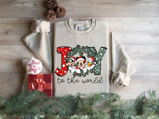 Joy To The World Christmas Sweatshirt, Mickey Christmas Sweater,  Mickey and Friends Sweat,  Mickey Goofy Donald Joy Christmas Sweatshirt
