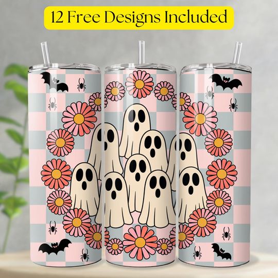 Retro Halloween Tumbler Wrap, Ghost Tumbler, Spooky Season Tumbler, Pastel Halloween
