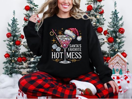 Santa's Hot Mess Sweatshirt, Christmas Martini Hoodie, Glitter Christmas Drink Sweater, Drinking Lover Gift