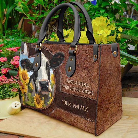 Just A Girl Who Lovers Cows Leather Handbag, Cow Lovers Tote Bag Gift For Women, Leather Bag Gift For Her, Birthday Bag Gift