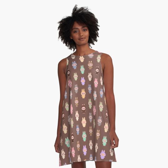 Labubu pattern brown background A-Line Dress, Gift for Her